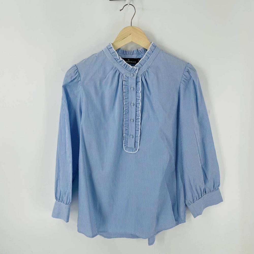 Pomander Place Blue White Ruffle Button Collar 3/4 Sleeve Blouse Size Medium